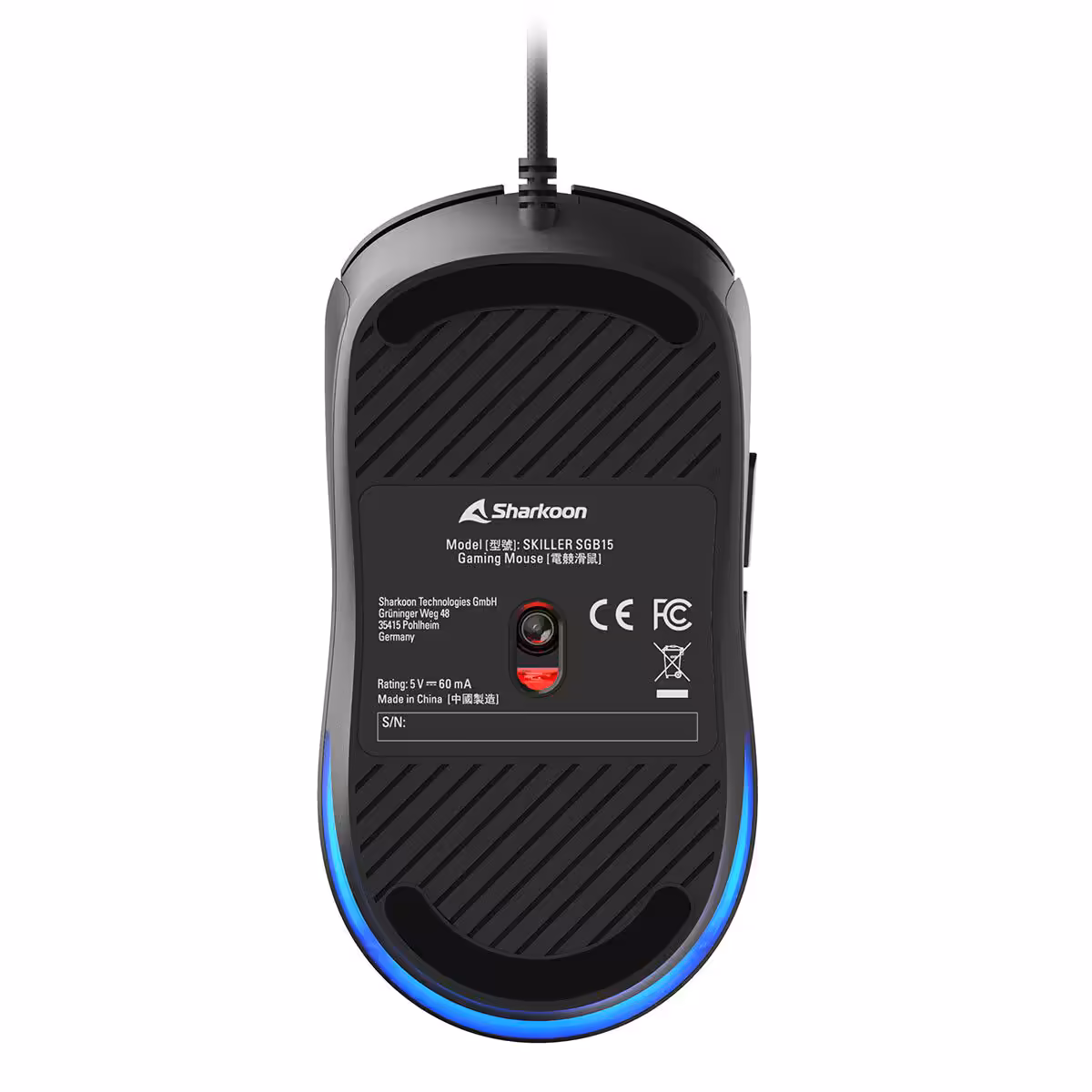 Vue de dessous de la souris Sharkoon SKILLER SGB15 avec capteur optique.