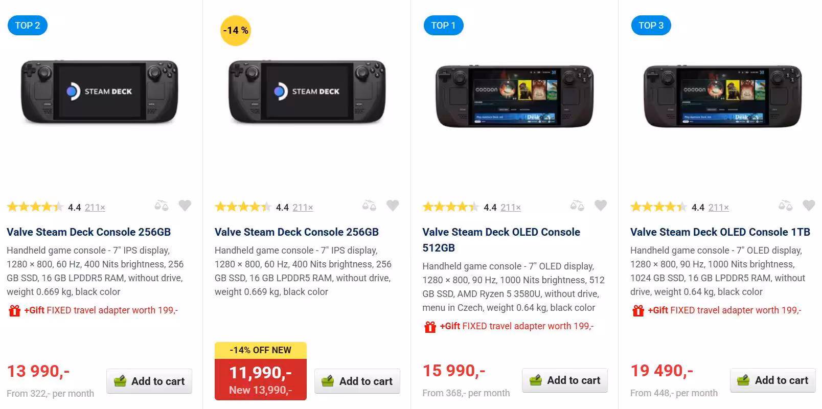 Comparatif consoles Steam Deck avec prix, fond blanc, mise en page colorée.