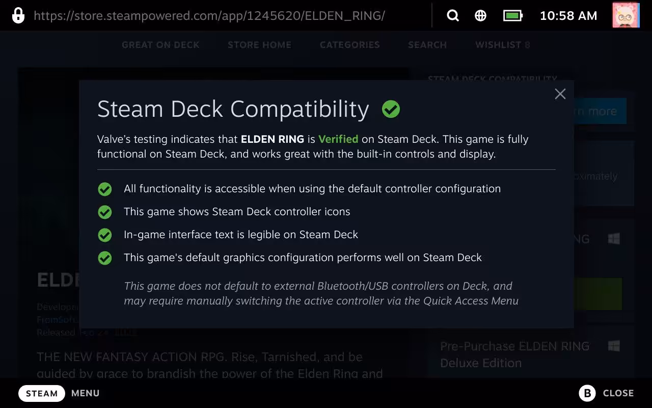 Écran montrant la compatibilité de Elden Ring avec le Steam Deck.