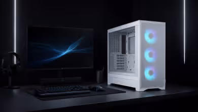 Boîtier PC Fractal Pop 2 Air blanc posé sur un bureau gaming épuré, avec façade mesh et trois ventilateurs RGB visibles, panneau latéral en verre trempé, écran et périphériques noirs, arrière-plan sombre et minimaliste.