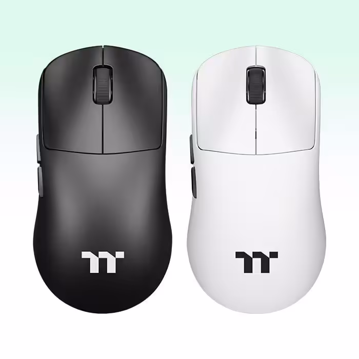 Deux souris Thermaltake en noir et blanc sur fond dégradé.