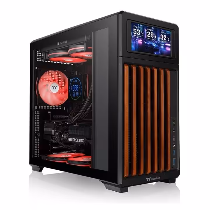 Thermaltake TR300 : mid-tower ATX avec PSU en façade et écran LCD optionnel 7 Boîtier noir Thermaltake TR300 avec façade en lattes de bois et composants rouges.