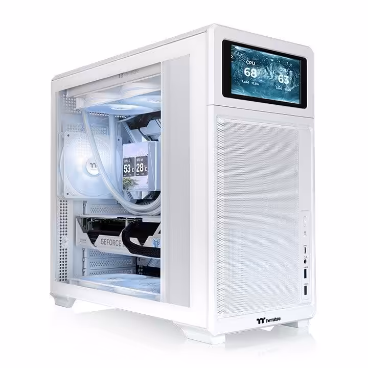 Thermaltake TR300 : mid-tower ATX avec PSU en façade et écran LCD optionnel 8 Boîtier blanc Thermaltake TR300 avec éclairage interne blanc et façade grille.