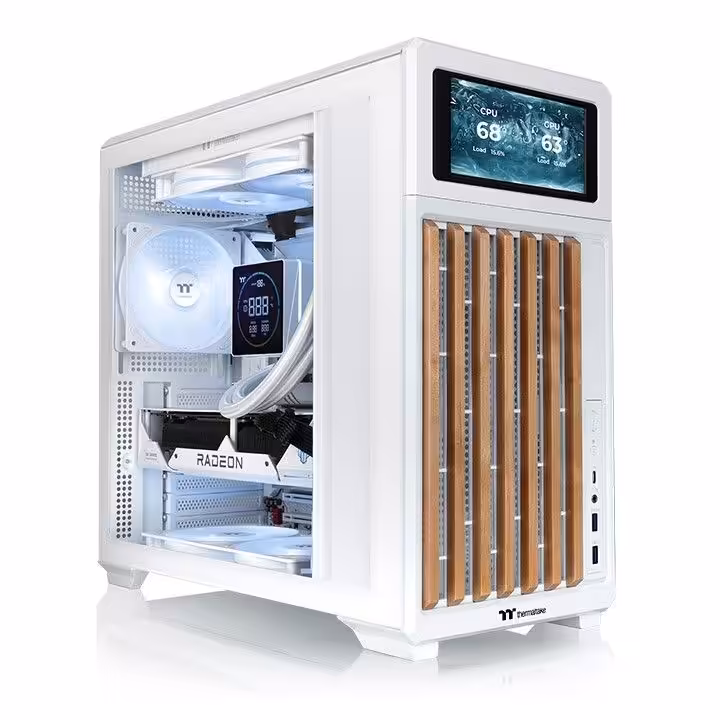 Thermaltake TR300 : mid-tower ATX avec PSU en façade et écran LCD optionnel 9 Boîtier blanc Thermaltake TR300 avec façade en lattes de bois et composants éclairés.