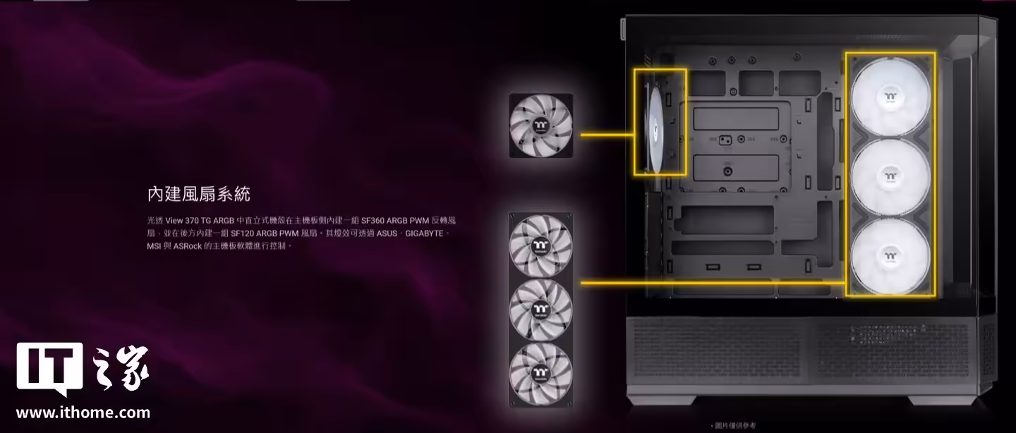 Vue intérieure du Thermaltake View 370 TG ARGB montrant la disposition des ventilateurs