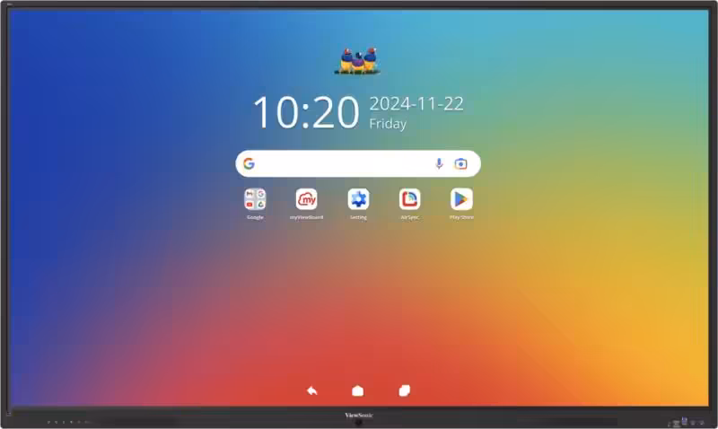 ViewSonic ViewBoard 4K sous Android 16 : écrans interactifs 55 à 98 pouces 6 Écran ViewSonic ViewBoard 4K affichant une interface Android colorée avec l'heure et la date.
