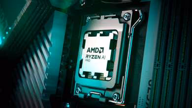 Processeur AMD Ryzen AI 400 “Gorgon Point” AM5 socket éclairage vert vif détails nets fond sombre contrasté