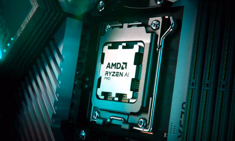 Ryzen AI 400 Gorgon Point sur AM5 : rendu PRO repéré, lancement desktop visé au T2 2026 1 Processeur AMD Ryzen AI 400 “Gorgon Point” AM5 socket éclairage vert vif détails nets fond sombre contrasté