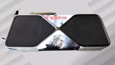 Carte graphique GeForce RTX 5090 design Resident Evil avec personnage fond blanc