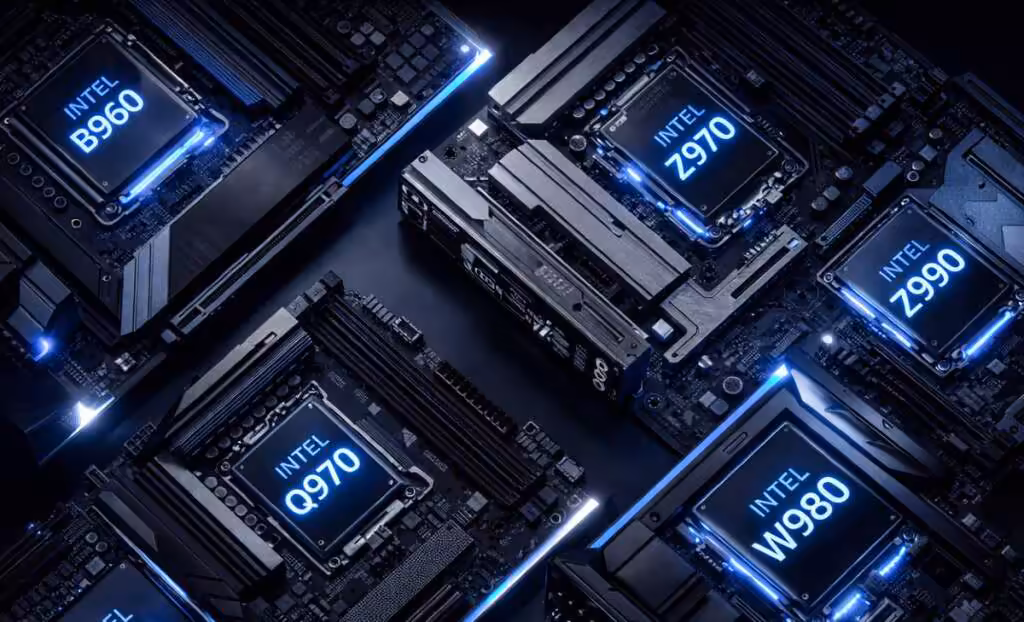 Intel LGA-1954 : vers un socket desktop multi-générations avec Nova Lake et séries 900 2 Image conceptuelle générée par intelligence artificielle illustrant l’écosystème des futurs chipsets Intel B960, Z970, Z990, Q970 et W980