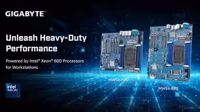 Deux cartes mères GIGABYTE MW64-HB0 et MW94-RP0 sur fond digital