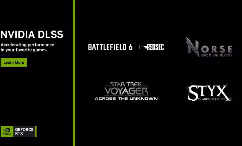 DLSS 4 Multi Frame Generation arrive sur Battlefield 6 S2, Styx et Star Trek: Voyager 1 Capture texte logos de jeux compatible NVIDIA DLSS, fond noir simple peu contrasté.