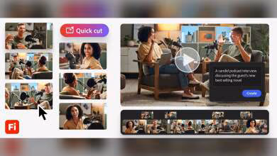 Interface Adobe Firefly avec montage vidéo assisté par intelligence artificielle, plusieurs clips et outils d'édition visible