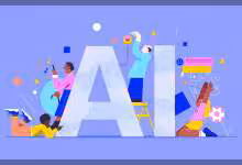 Illustration colorée représentant des personnes interagissant autour des lettres "AI".