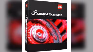 Boîte du logiciel AIDA64 Extreme avec design mécanique rouge et logo en haut à droite.