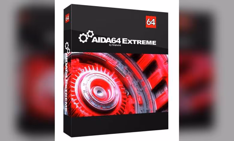 AIDA64 8.25 : pilote NVMe natif, SensorPanel fiabilisé et support PSU MSI 1 Boîte du logiciel AIDA64 Extreme avec design mécanique rouge et logo en haut à droite.