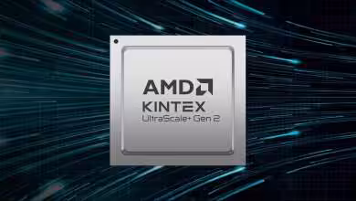 Puce AMD Kintex UltraScale+ Gen 2 avec arrière-plan numérique dynamique