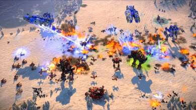 Bataille futuriste Ashes of the Singularity II avec lasers colorés et robots sur neige.