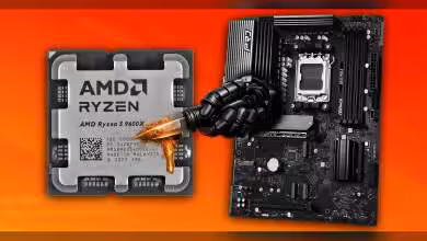 Image processeur AMD Ryzen 5 9600X et carte mère ASRock, fond orange vif, contraste fort