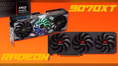 Cartes graphiques ASRock et PowerColor RX 9070 XT avec éclairage RGB, fond orange vif