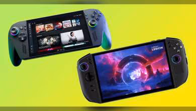 Deux consoles portables ASUS et Lenovo éclairage contrasté fond dégradé jaune-vert