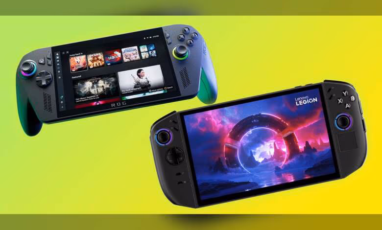 ROG Ally X Xbox : +21 % au Japon, Legion Go 2 en hausse et en rupture aux États-Unis 1 Deux consoles portables ASUS et Lenovo éclairage contrasté fond dégradé jaune-vert
