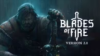 Guerrier barbu sous la pluie tenant une épée avec logo de Blades of Fire.