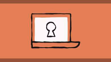 Illustration d'un ordinateur portable avec écran affichant une serrure, fond orange.