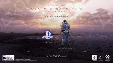 Render 3D personnage sur plage avec armure bleue, texte Death Stranding 2, fond coucher de soleil.