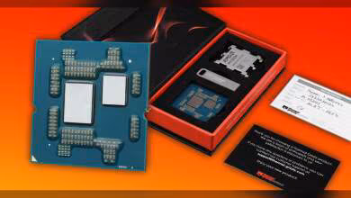 Boîte ouverte TG Delidded CPU avec processeur AMD et accessoires, fond orange vif