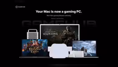 Montage GameHub montrant iMac, MacBook jouant à des jeux, fond noir contrasté