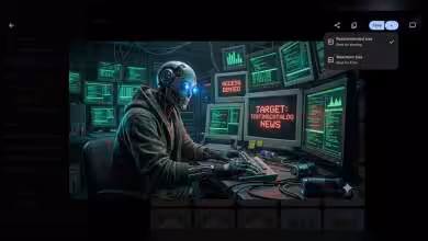 Personnage robotique travaillant dans un environnement numérique high-tech avec écrans.