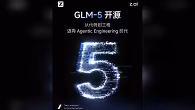Affiche numérique du GLM-5 de Zhipu AI avec chiffre 5 lumineux.