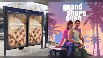 Affiche publicitaire à Oslo avec texte GTA 6 dropping in 9 months et des images de pizza.