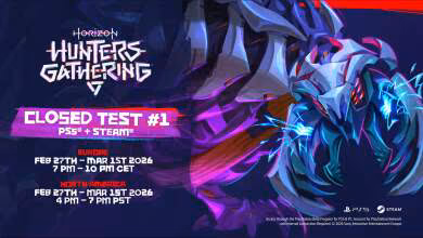 Affiche "Horizon Hunters Gathering" avec détails de bêta fermée pour PS5 et Steam, dates et heures.
