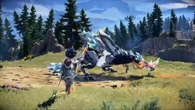 Personnage tirant à l'arc sur une créature dans un paysage montagneux.