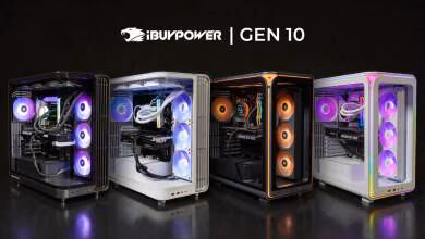 Quatre boîtiers PC gaming iBUYPOWER Gen 10 avec éclairage RGB multicolore.