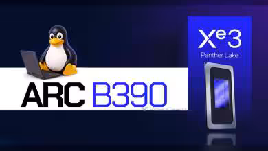 Photo produit Intel Arc B390 avec logo Linux et Xe3 couleurs contrastées fond bleu foncé