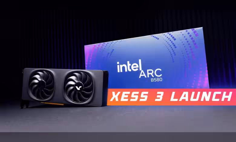 Intel XeSS 3 Multi-Frame Generation est officiellement disponible sur Arc et iGPU Core Ultra 1 Carte graphique Intel Arc avec éclairage professionnel et boîte vibrante sur fond sombre.