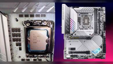 Processeur Intel Core installé sur carte mère ASUS ROG Maximus Apex avec design argenté.