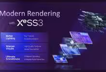 Présentation Intel XeSS 3, ray tracing et textures améliorées, fond violet avec graphismes de rendu modernes.