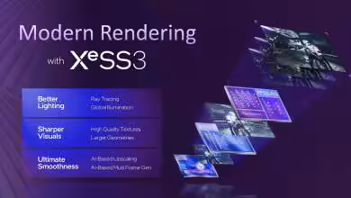 Présentation Intel XeSS 3, ray tracing et textures améliorées, fond violet avec graphismes de rendu modernes.