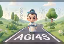 Dessin animé d'un personnage sur une route avec fond scientifique et nature