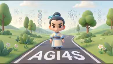 Dessin animé d'un personnage sur une route avec fond scientifique et nature