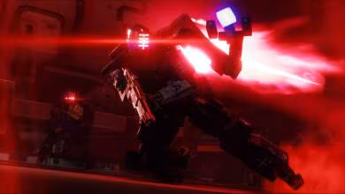 Robot en combat futuriste avec des effets lumineux rouge intense