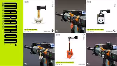 Armes du jeu Marathon avec designs uniques et colorés.