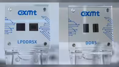 Modules de mémoire CXMT LPDDR5X et DDR5 exposés sur supports transparents avec design circuit imprimé.