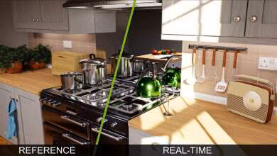 Comparaison graphique entre rendu de référence et en temps réel dans une cuisine moderne.