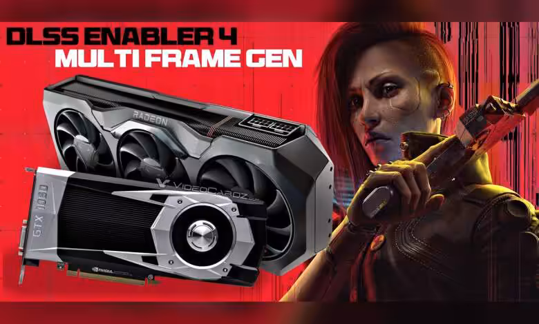 DLSS Enabler débloque la Multi Frame Generation et FSR4 sur les Radeon RX 7000 1 Cartes graphiques AMD et NVIDIA avec arrière-plan rouge vif et personnage cyberpunk