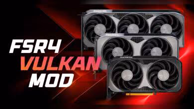 Trois cartes graphiques AMD Radeon éclairage dynamique fond rouge contrasté